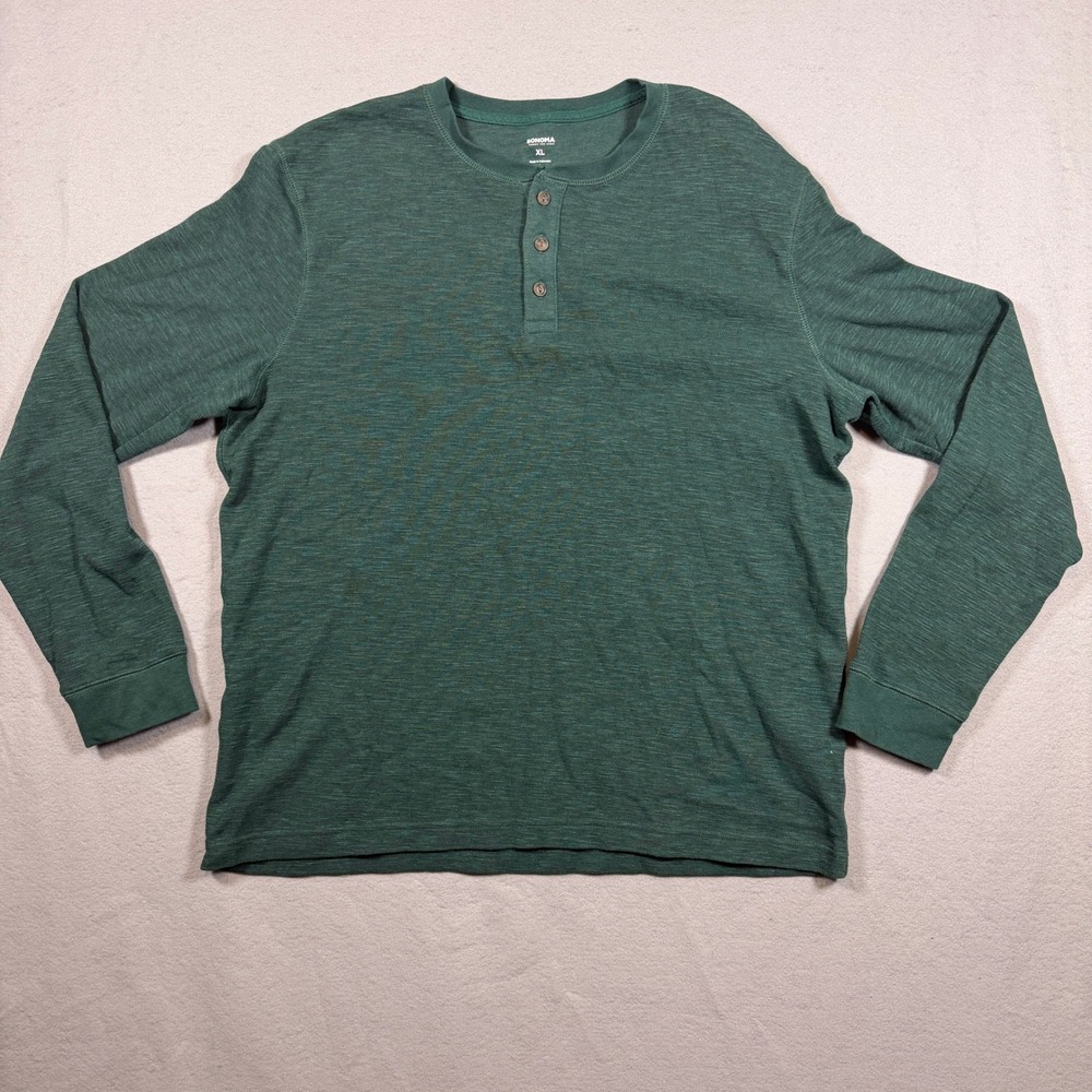 Sonoma Mens Henley Shirt XL Teal Green Long Sleeve Thermal Cotton Blend Slub